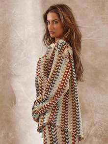 Resort Kimono de Manga Larga con Patrón Texturizado, Estilo Boho Ibiza, Lindo y Sexy, para Vacaciones de Verano, Playa, Traje de Baño, Ropa de Playa, Rayas, Otoño, Primavera, Vacaciones, Carnaval, Festival - Multicolor 2 - Ver 7