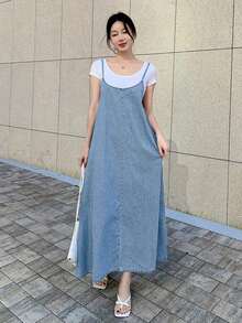 Vestido casual de mezclilla para mujer, sencillo y de moda para uso diario, vestido largo tipo sundress - Azul lavado medio - Ver 9
