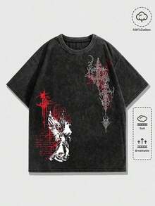 ROMWE MEN Camiseta de Manga Corta con Estampado Gótico Blanco para Hombre, Estilo Casual de Primavera/Verano - Negro - Ver 1