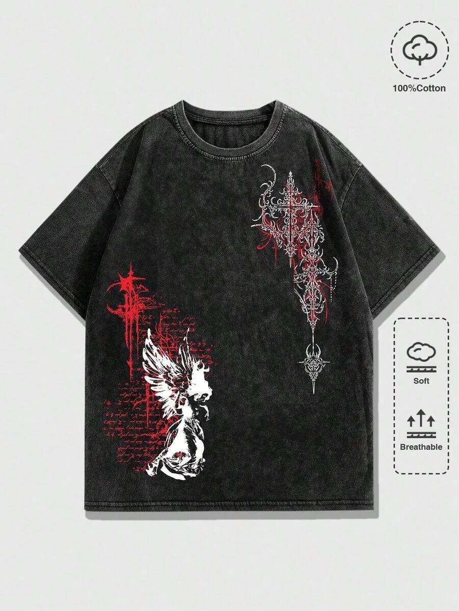 ROMWE MEN Camiseta de Manga Corta con Estampado Gótico Blanco para Hombre, Estilo Casual de Primavera/Verano - Negro - Ver 1