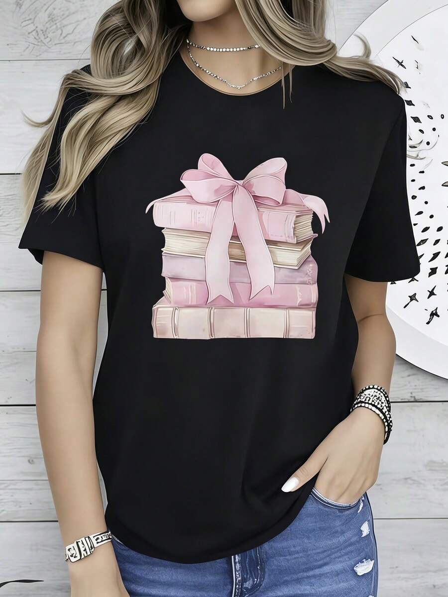 Everyday Essential Ladies 100% Cotton Round Neck Short Sleeve Casual Basic Top - Black - View 1