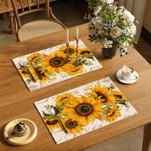 1pc Sunflower Pattern Linen Placemat, Breakfast Mat, Coffee Mat, Coaster, Bowl Pad, Kitchen Accessory, Easy To Clean Dining Mat, Suitable For Home, Restaurant, Restaurant Decor, Holiday Gift, Gift For Friends, Multi-Piece Set - Multicolor - View 3