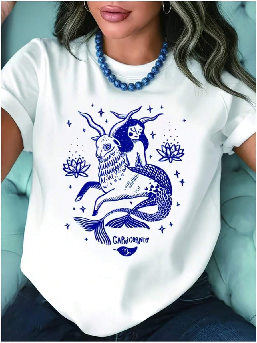 Plus Size Women's T-Shirt With Capricorn Zodiac Sign Print, Adorable Pet Series, Perfect For Home, Outdoor Leisure, Anti-Pilling, Anti-Static, Hand And Machine Washable, Plus Size, Casual, Versatile, Comfortable, Cotton. - 白色 - 查看 1