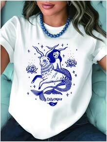 Plus Size Women's T-Shirt With Capricorn Zodiac Sign Print, Adorable Pet Series, Perfect For Home, Outdoor Leisure, Anti-Pilling, Anti-Static, Hand And Machine Washable, Plus Size, Casual, Versatile, Comfortable, Cotton. - 白色 - 查看 6
