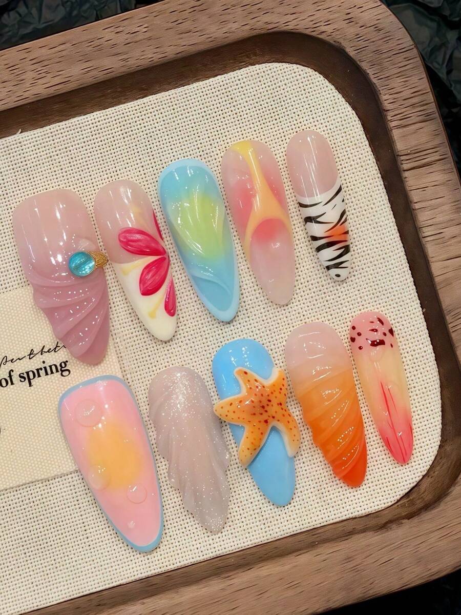 10片/套 按压式美甲贴片,海岛度假风,出口级可佩戴美甲贴片,3D海星,假指甲,手绘贝壳和花朵凝胶美甲,手工可佩戴美甲。 - 彩色 - 查看 1