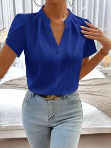 Blusa de trabajo con cuello en pico y mangas de pétalo de color blanco para mujer, blusas de manga corta - Azul - Ver 7