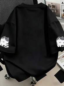 優雅時尚休閒大尺碼女款貓咪字母印花T恤，寬鬆版型，夏季上衣，春季氛圍，新年穿搭，黑色 - 黑色 - 查看 2