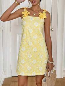 Vestido corto de verano de mujer con tirantes finos y unicolor - Amarillo - Ver 3