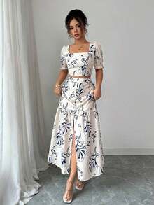 Conjunto de 2 piezas con blusa de manga corta con diseño de puño y estampado floral + falda con abertura en el bajo, elegante para vacaciones y uso diario - Multicolor - Ver 6