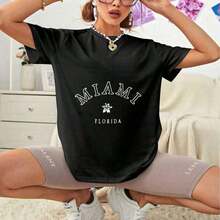 Camiseta unisex 100% algodón de gran tamaño con la inscripción "Miami, Florida", imprescindible para las damas.100% algodón. - Negro - Ver 3