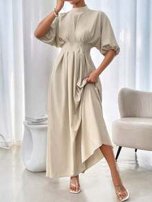 xheRafferiza Vestido largo elegante para mujer con cuello redondo, manga farol, cintura plisada y unicolor holgadoxhe - Caqui - Ver 3