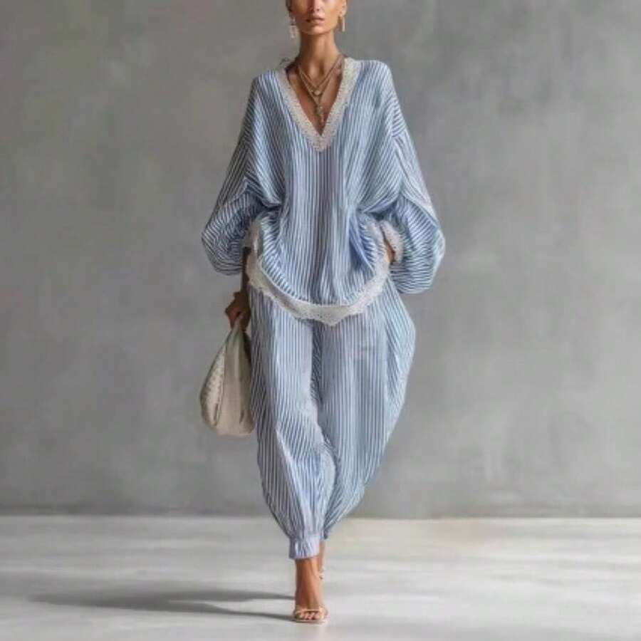 Conjunto de dos piezas para mujer con encaje y rayas azules y blancas talla grande ropa de mujer nueva moda holgada manga larga y pantalones anchos - Azul - Ver 1