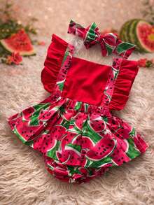 Baby Skirt Overalls Children's Blogger Watermelon Fruits Little Fruit Girl Feeding Food Introduction Photo Shoot Monthly Themed Baby Baby Birthday Skirt Glamour Premium Lightweight Tricoline 100% Cotton Adjustable And With Elastic Easy To Wear - Đỏ - Xem 4