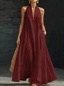 Women's Solid Casual Dress Summer 2026, Elegant Loose V-Neck Mini Midi Dress For Everyday Wear - 酒紅色 - 查看 1
