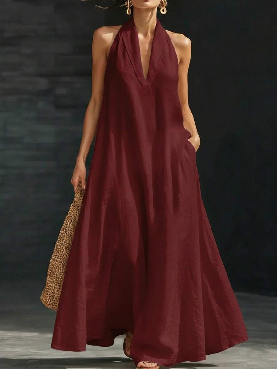 Women's Solid Casual Dress Summer 2026, Elegant Loose V-Neck Mini Midi Dress For Everyday Wear - 酒紅色 - 查看 1