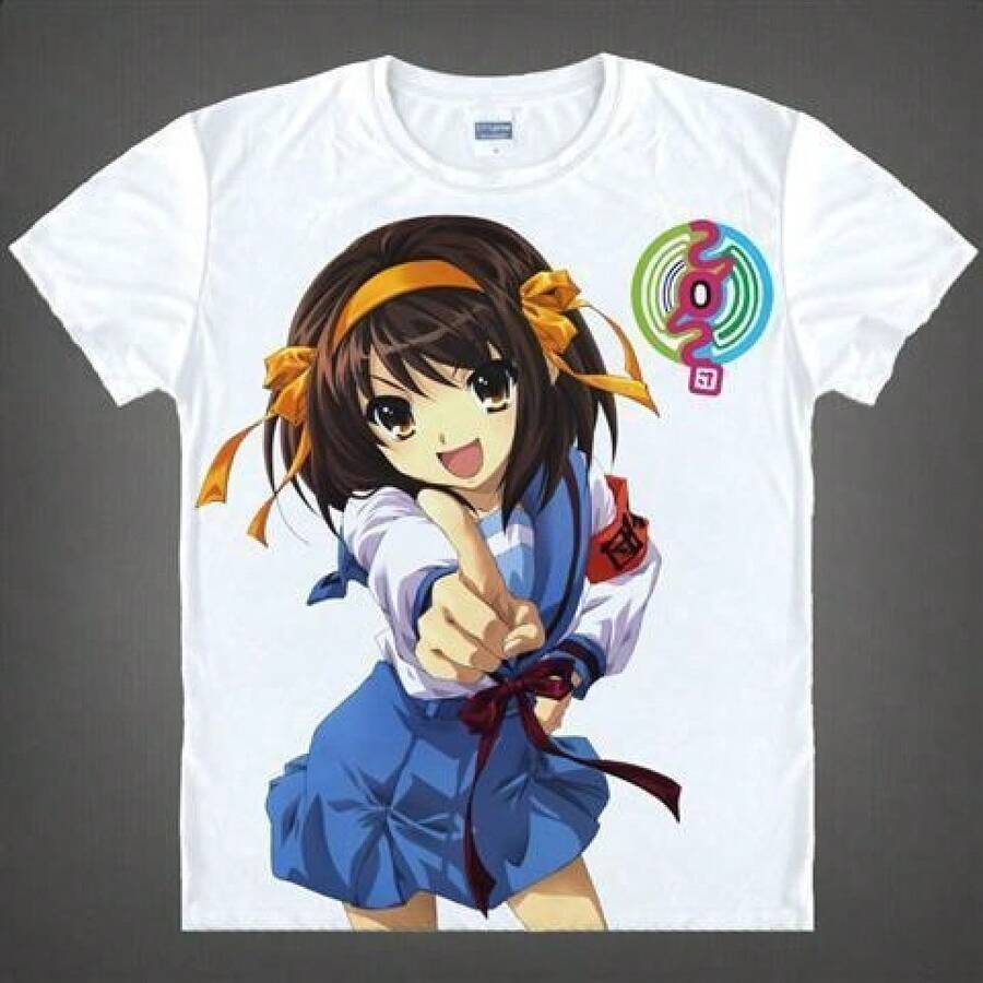 Camiseta de manga corta transpirable unisex con cuello redondo de anime 2D de Haruhi Suzumiya's Melancholy SOS - Negro - Ver 1