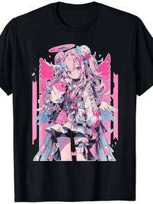 Camiseta con estampado gráfico, manga corta y cuello redondo, top casual para verano y primavera, ropa de mujer - Negro - Ver 8