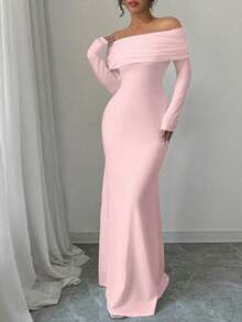Vestido largo de punto acanalado con manga larga, cintura ceñida, hombros descubiertos, espalda descubierta, doblez de cola de pez, elegante y sexy, color blanco, para otoño/invierno, atuendo de mujer maxi - Rosa 2 - Ver 6