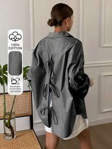 Blusa suelta de manga larga con cuello vuelto, abertura en la espalda y lazo, unicolor, ropa de otoño para mujer - Gris - Ver 1
