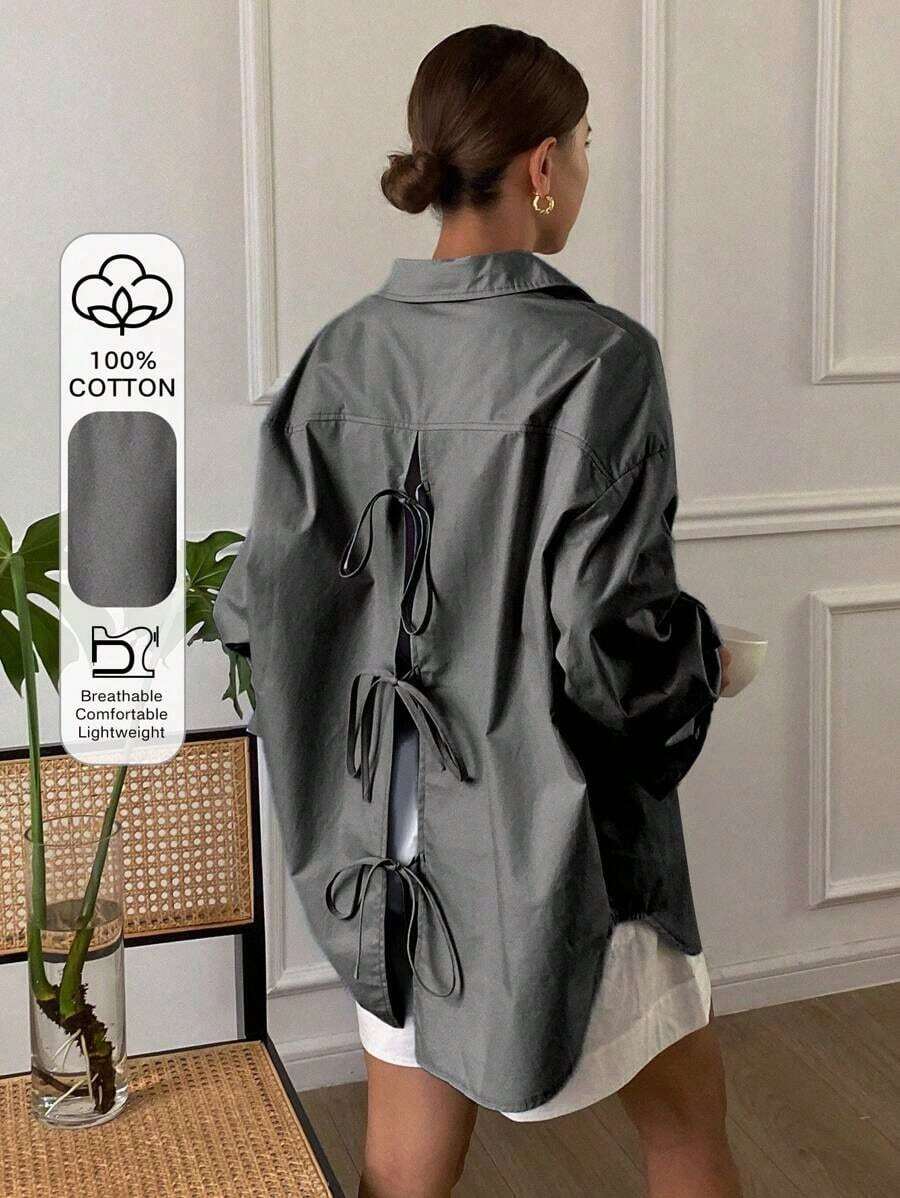 Blusa suelta de manga larga con cuello vuelto, abertura en la espalda y lazo, unicolor, ropa de otoño para mujer - Gris - Ver 1