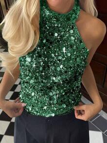 Blusa de mujer con hombros al descubierto y lentejuelas, adecuada para bodas, galas, vuelta al colegio, festivales de música, fiestas del Día de la Madre, vacaciones en la playa - Verde - Ver 8