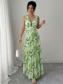 Vestido elegante y romántico para mujer con escote en V sin mangas, cintura hueca, plisado en línea A y estampado floral - Multicolor 8 - Ver 3