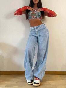 Jeans rectos holgados y apilados de estilo vintage para mujer, casuales para primavera - Lavado ligero 4 - Ver 3