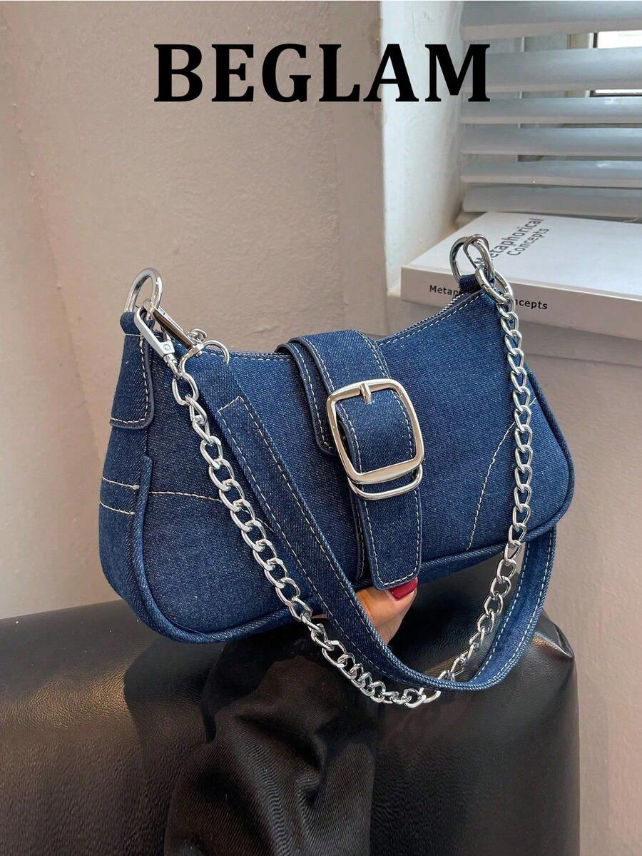 Decorative Buckle Detail, Stitching, Chain Strap Shoulder Bag, Women's Decorative Buckle Shoulder Bag, Street Fashion Hobo Bag, Small To Medium Crossbody Bag And Wallet Set, Suitable For Shopping, Dating, As A Gift For Ladies, Suitable For Teenagers, College Students, Work, Business, Commuting - Blue - View 1