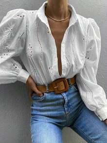 Blusa blanca de mujer, blusa blanca de manga larga con empuñadura de unicolor bordada, adecuada para uso diario, viajes, Día de la Madre, cumpleaños y fiestas en la playa - Blanco - Ver 9