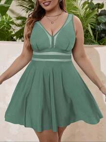 Swim Lushoire Conjunto de tankini de 2 piezas para mujer talla grande con estampado floral, cuello en V y control de abdomen para el verano - Verde - Ver 6