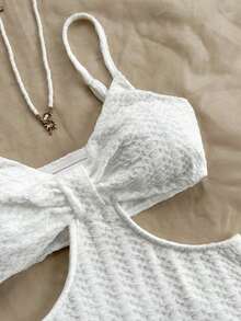 Camiseta de tirantes casual y sexy con recortes en la cintura, de tela con textura para vacaciones - Blanco - Ver 5