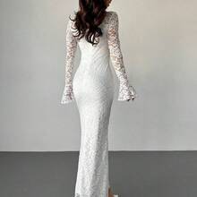 Women's Elegant Minimalist Romantic Charming Commute & Casual Square Neck Lace Ruched Flare Sleeve White Bodycon Midi Dress, Suitable For Valentine's Day,Fall Wedding Guest Dress,Wedding Guest Dress Women - Rojo - Ver 7