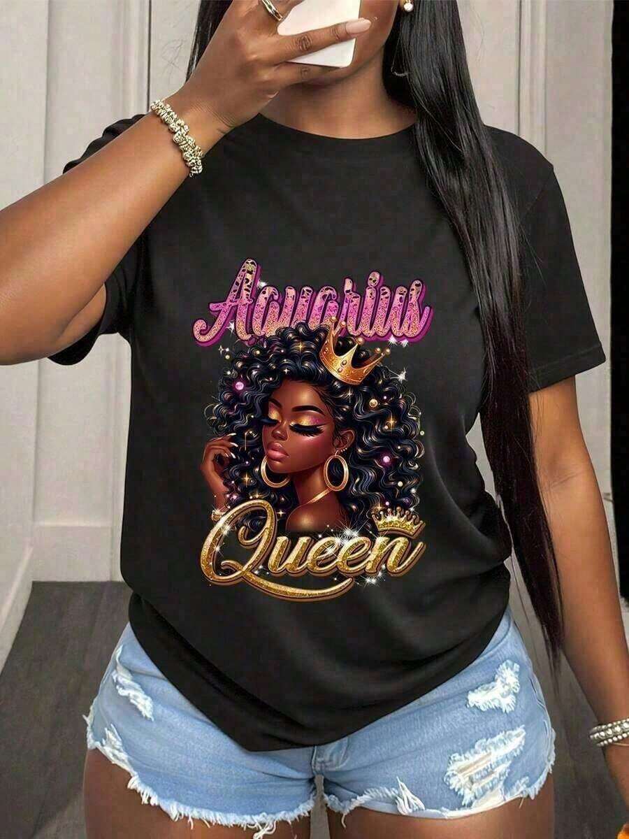 1 Piece Graphic T-Shirt With Aquarius Zodiac Sign, Woman With Camouflage Hat And Gold Hoop Earrings, For Astrology Lovers And Sign Enthusiasts, Casual Summer Style, Style Statement Piece, 180g 100% Cotton. - 4 - 查看 1