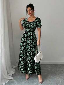 Vestido mini con escote cuadrado, estampado floral elegante, con volantes en los puños y el bajo, adecuado para primavera/verano/otoño - Multicolor 2 - Ver 4