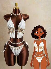 Conjunto de Bikini Sexy de Tres Piezas con Tirantes Delgados para Mujer, Ideal para Vacaciones - Blanco - Ver 12