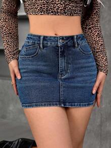 Falda lápiz de denim casual con bolsillos para mujer - Azul lavado medio - Ver 1