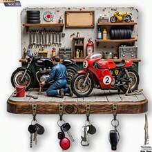 2D Retro Motorcycle Repair Theme Key Hook, Wooden Multifunctional Home Key Rack With 4 Hooks, Wall Decor, Porch Decor, Room Decor, Villa Decor, All-Season Home Decor - Multicolor - View 2