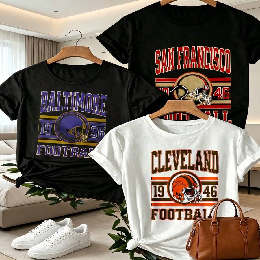 Cleveland Football 1946 T Shirt With Fashion Design Casual Wear Perfect Gift For Sports Fans And Team Supporters - 黑與白 - 查看 1