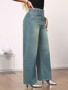 Jeans de pierna ancha de talle medio vintage para mujer - Uso casual elegante sin estiramiento - verde menta - Ver 4