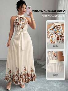 Vestido holgado de verano elegante con estampado floral y cuello halter para mujer - Albaricoque - Ver 8
