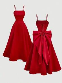 MOD Vestido de satén color albaricoque con lazo en la espalda y largo medio - Rojo - Ver 7