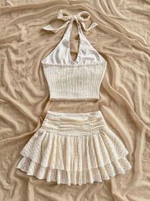 Conjunto de 2 piezas de top sin mangas ajustado con cuello en V y falda mini de doble capa acampanada en color beige texturizado, atuendo de resort - Beis - Ver 2