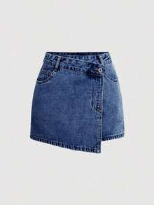 MOD Pantalones cortos de mezclilla sencillos y lisos para mujer, shorts vaqueros de verano - Azul lavado oscuro - Ver 1