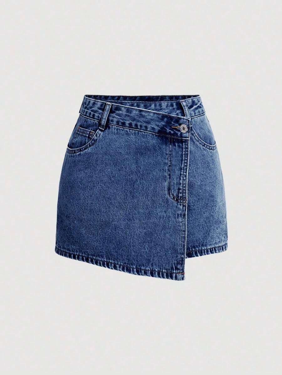 MOD Pantalones cortos de mezclilla sencillos y lisos para mujer, shorts vaqueros de verano - Azul lavado oscuro - Ver 1