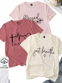 3 piezas Camiseta de manga corta rosa/morada/marrón, diseño de impresión de letras minimalista de moda, top casual de cuello redondo para mujer, verano - Multicolor 3 - Ver 3
