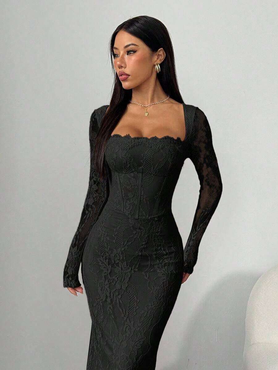 PETITE Vestido maxi negro ajustado de cuello cuadrado con copa de pecho, mangas largas de encaje con forma de S y escote sexy para fiesta de verano, cita y noche - Negro - Ver 1