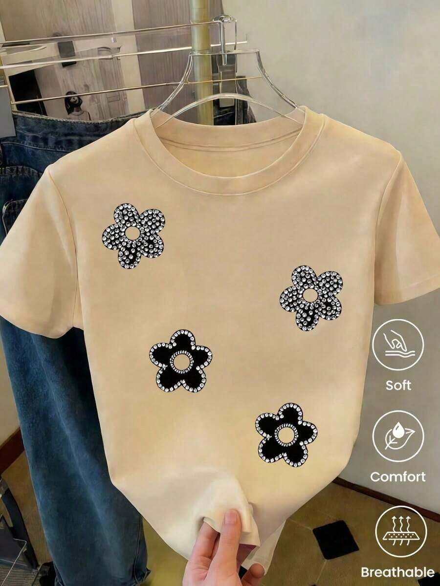 Camiseta de cuello redondo y mangas cortas de ropa fashion, fabricada enéxico, para la temporada primavera-verano 2025.Con estampado de dibujos animados, un modelo de pareja, apta para usar tanto por dentro como por fuera, para oficina y estilo casual, diseñpara hombres y mujeres, en unidad individual.blusas para mujer playeras de mujer blusas casuales para dama - Albaricoque - Ver 1