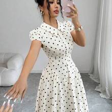 Elenzya Women's Woven Polka Dot Print Fabric Turndown Collar Button Front Gathered Lantern Sleeve Waist Gathered A-Line Elegant Vintage Fashion Business Commute Outing Holiday Black & White Polka Dot Dress, Spring/Summer - Marron oscuro - Ver 4