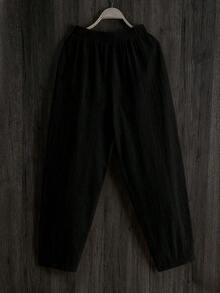 LUMIGAL Pantalones casuales sueltos de cintura elástica para mujer con forma cónica y bolsillos de unicolor - Negro - Ver 2