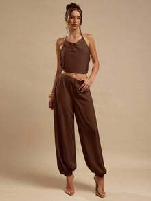 Women's Satin Palazzo Pants, Elegant Loose-Fitting Ginger Yellow Trousers, Suitable For Going Out, Brunch, Summer, Weddings, Honeymoon, Beach Vacation - 全穀類咖啡 - 查看 6